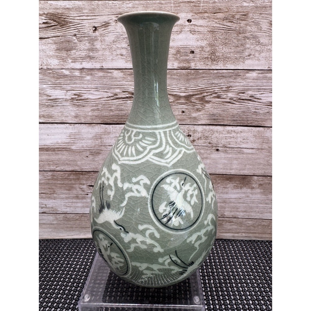 VTG Haecheong Kiln Korean Celadon jubyeong Vase Cranes And Clouds 7.75" EUC